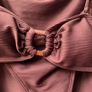 House of Harlow 1960 Ribbed Brown 3-Piece Swim Set – Bikini + Skirt Cover Up NWT